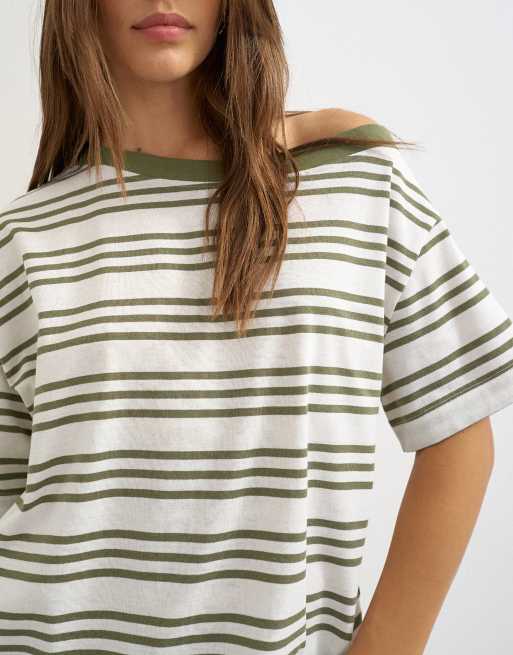 Topshop T-shirt a righe con spalle scese bianca e verde, 2 di 4