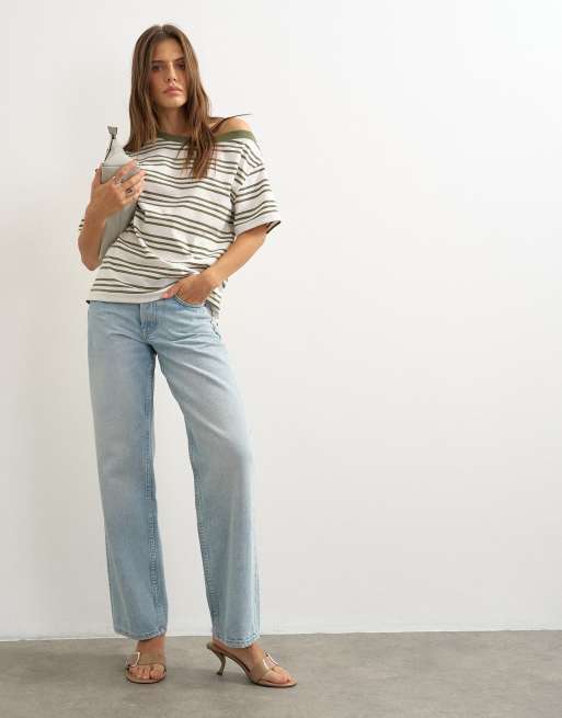 Topshop T-shirt a righe con spalle scese bianca e verde, 3 di 4
