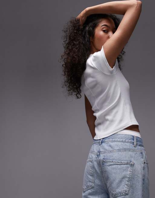 Topshop - T-shirt aderente bianca a coste con fondo arrotondato, 4 di 4