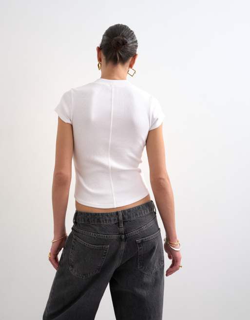 Topshop - T-shirt aderente bianca a coste con fondo arrotondato, 4 di 4