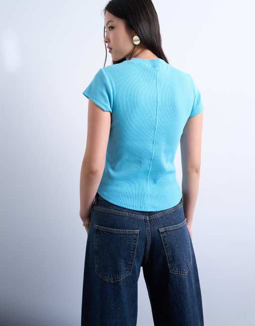 Topshop - T-shirt aderente blu a coste con fondo arrotondato, 4 di 4