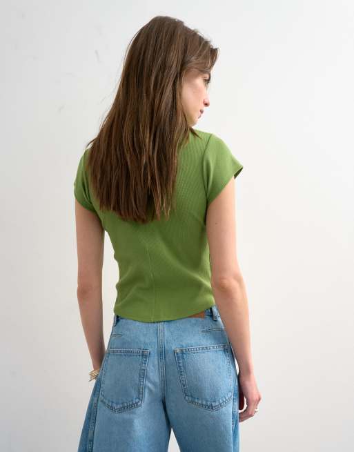 Topshop - T-shirt aderente verde a coste con fondo arrotondato, 4 di 4