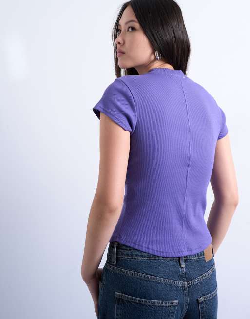Topshop - T-shirt aderente viola a coste con fondo arrotondato, 4 di 4