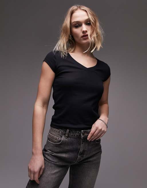 Topshop - T-shirt ajusté côtelé à col V - Noir 