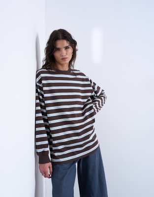 T-shirt ample rayé coupe skateur à manches longues - Chocolat-Brown S