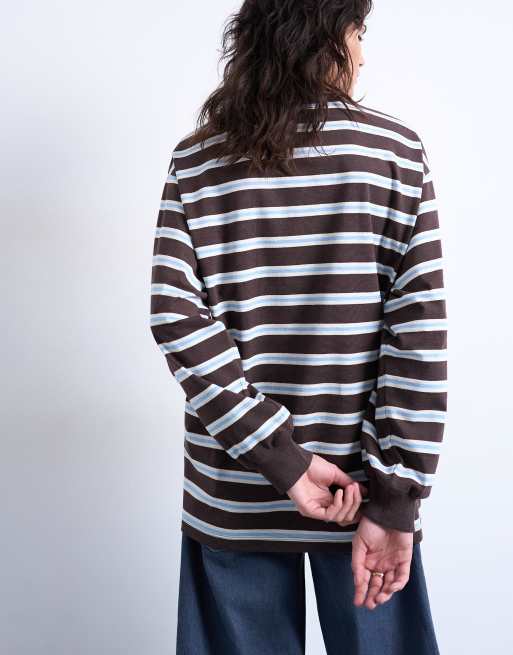 Topshop - T-shirt ample rayé coupe skateur à manches longues - Chocolat, 4 de 4