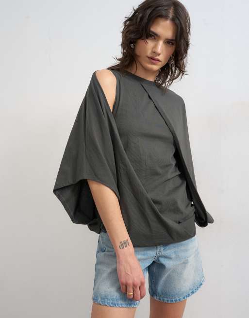 Topshop - T-shirt antracite drappeggiata con mantella, 2 di 4