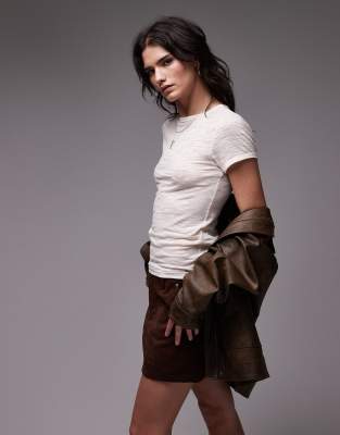 Topshop - T-Shirt aus Leinen in Elfenbeinweiß