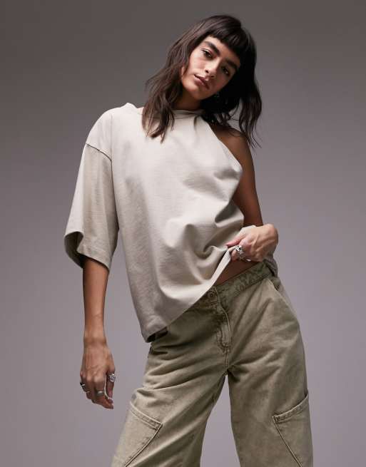 Topshop - T-shirt basic oversize premium color pietra con incrocio