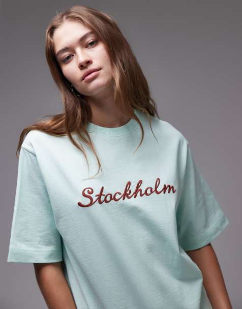 Topshop - T-shirt basic premium a maniche corte blu con stampa "Stockholm" - view 1