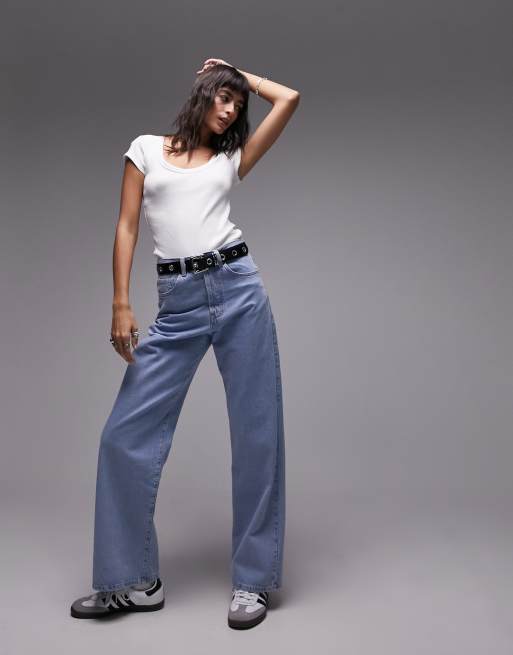 Topshop - T-shirt bianca a coste con scollo rotondo e maniche ad aletta