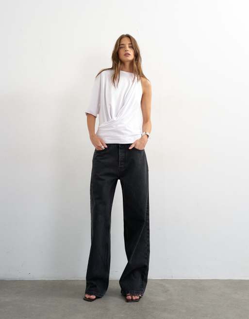 Topshop - T-shirt bianca drappeggiata asimmetrica, 2 di 4