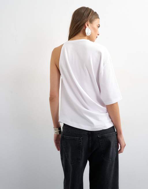 Topshop - T-shirt bianca drappeggiata asimmetrica, 3 di 4