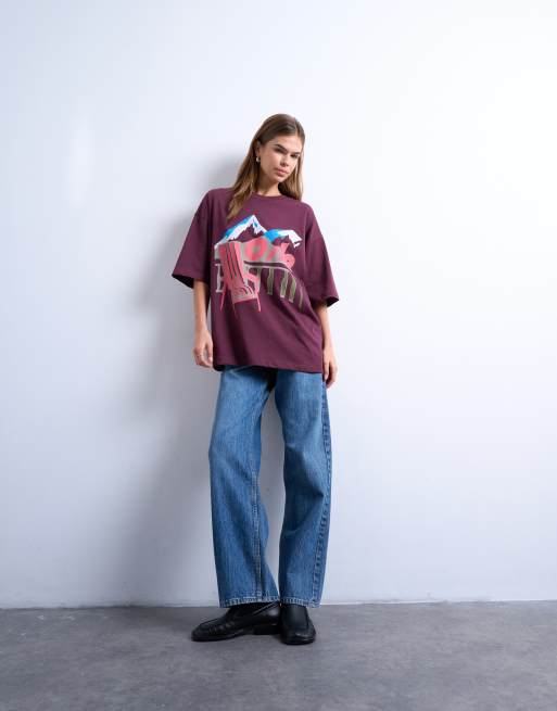 Topshop - T-shirt bordeaux con grafica Oslo, 2 di 4