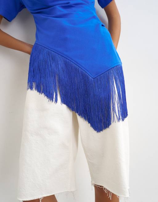 Topshop t-shirt cache-cœur à franges avec ourlet à pompons bleu cobalt, 2 de 4