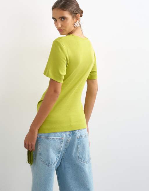Topshop t-shirt cache-cœur à franges avec ourlet à pompons, olive, 3 de 4
