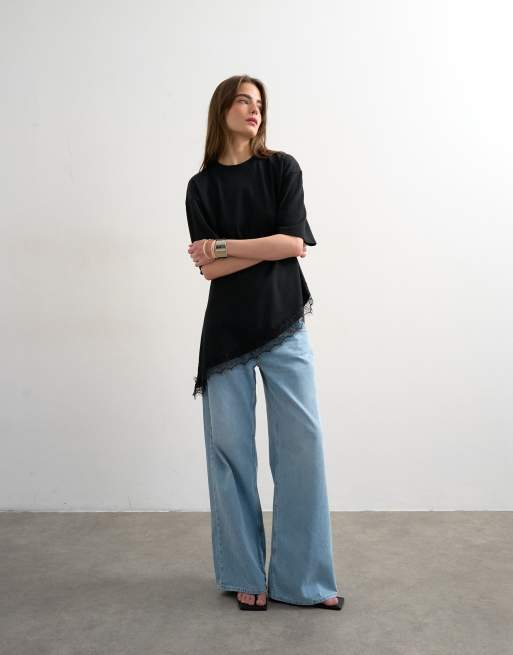 Topshop - T-shirt cintré avec bord en dentelle - Noir, 3 de 4
