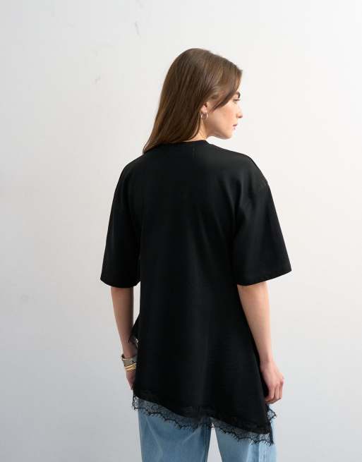 Topshop - T-shirt cintré avec bord en dentelle - Noir, 4 de 4