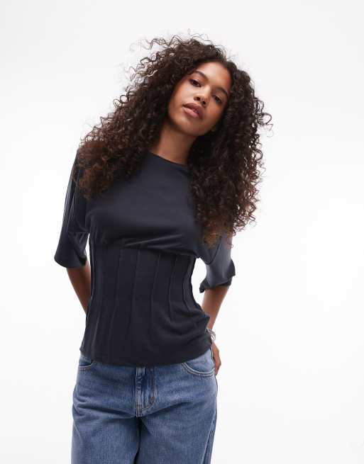 Topshop - T-shirt color ardesia in cupro con pinces