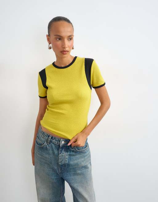 Topshop t-shirt color block en maille gaufrée jaune