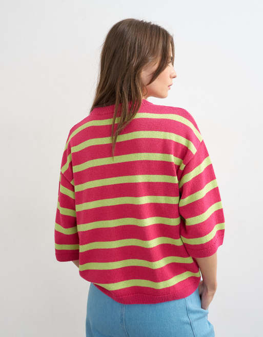 Topshop - T-shirt comoda a mezze maniche in maglia rosa e lime, 4 di 4