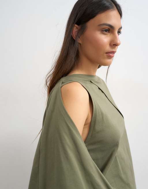 Topshop - T-shirt con mantella drappeggiata kaki, 3 di 4