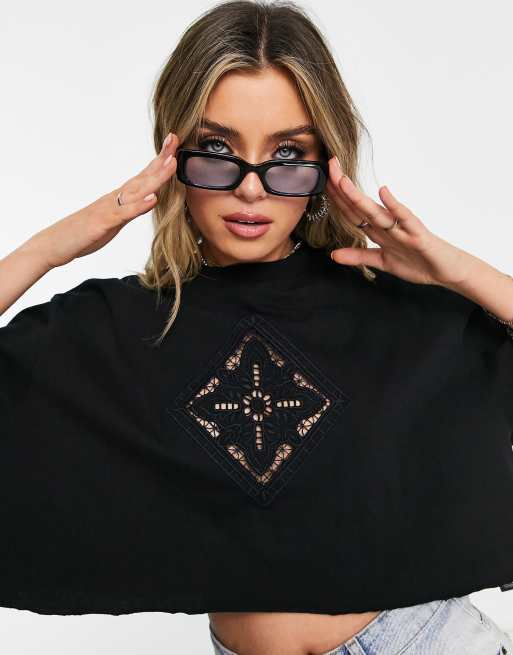 Topshop - T-shirt corta all'uncinetto nera, 4 di 4