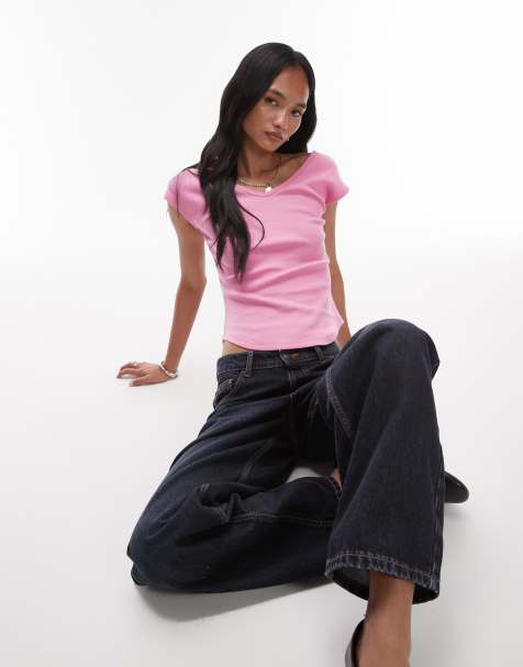 Topshop - T-shirt côtelé ajusté à col V et ourlet arrondi - Rose - view 1