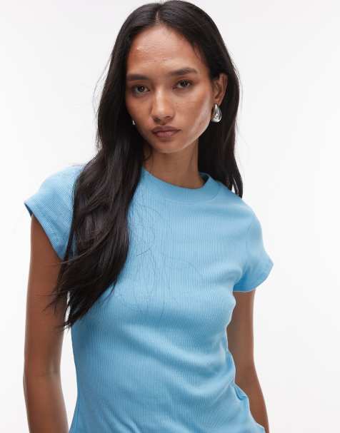 Topshop - T-shirt côtelé ajusté avec ourlet arrondi - Bleu - view 1