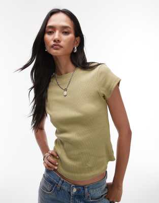 Topshop - T-shirt côtelé ajusté avec ourlet arrondi - Kaki clair - view 1