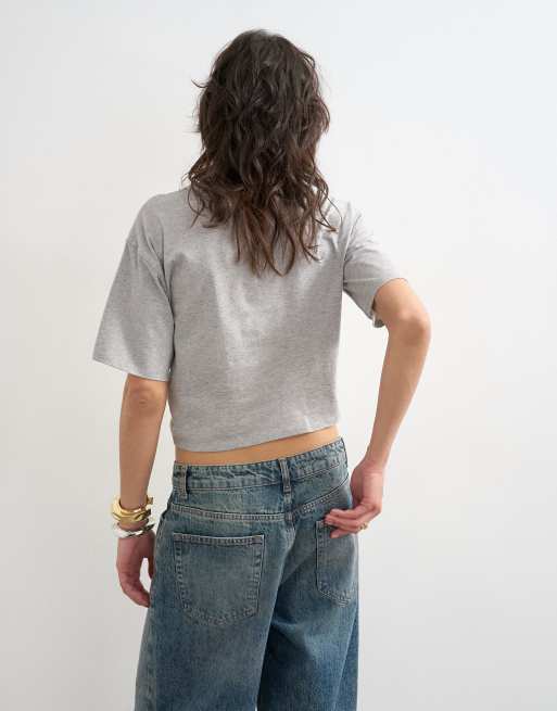 Topshop - T-shirt coupe carrée à ourlet noué - Gris, 2 de 4