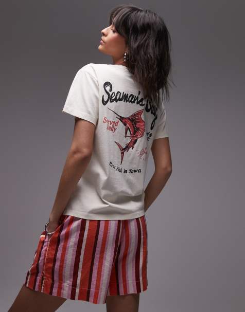 Topshop - T-shirt coupe carrée avec imprimé Seamans Bay au dos - Écru - view 1