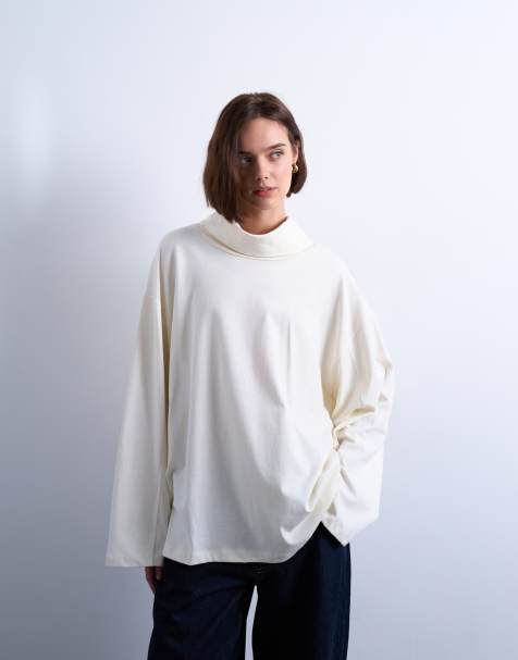 Topshop - T-shirt coupe skateur à surpiqûres et col cheminée - Écru - view 1