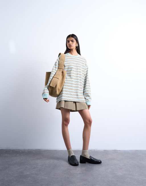 Topshop - T-shirt coupe skateur ample à manches longues et rayures - Beige, 2 de 4