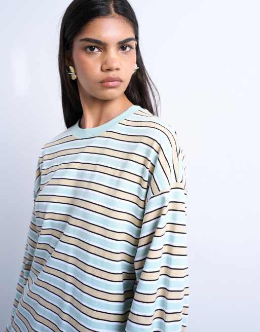 Topshop - T-shirt coupe skateur ample à manches longues et rayures - Beige, 3 de 4