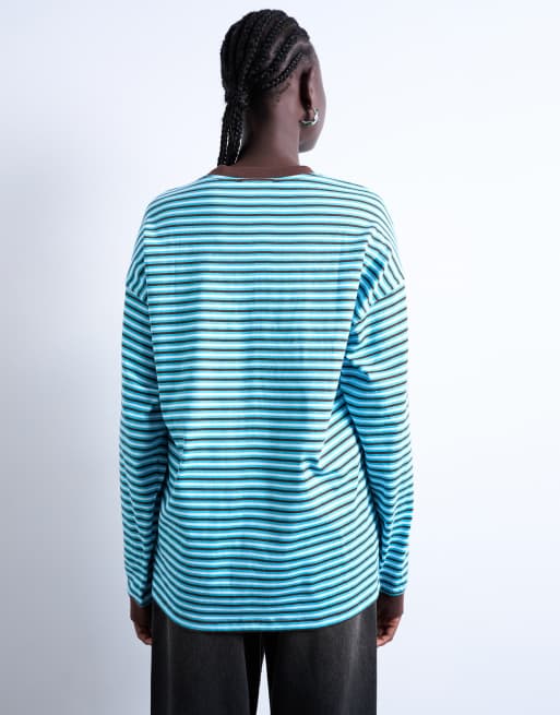 Topshop - T-shirt coupe skateur ample à manches longues et rayures - Bleu, 4 de 4