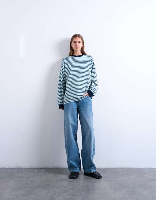Topshop - T-shirt coupe skateur ample à manches longues et rayures - Bleu, 2 de 4