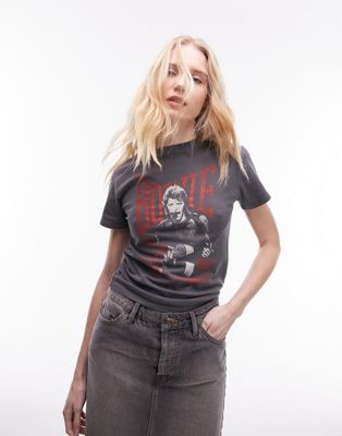 Topshop graphic license David Bowie baby tee in charcoal - ASOS Price Checker