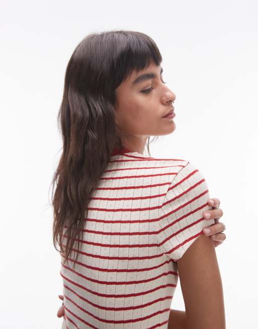 Topshop - T-shirt court rayé en maille pointelle - Rouge, 3 de 4