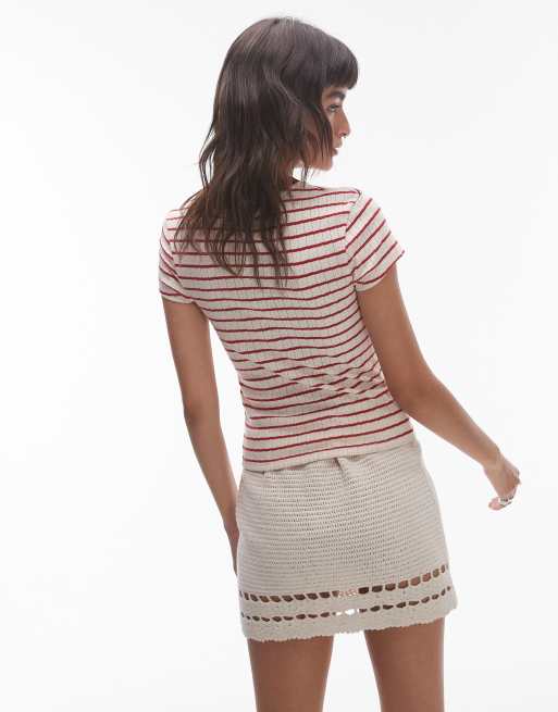 Topshop - T-shirt court rayé en maille pointelle - Rouge, 4 de 4