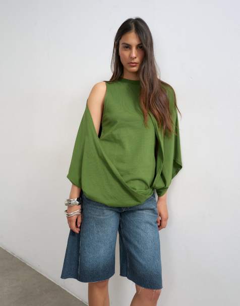 Topshop - T-shirt drapé avec cape - Vert pesto - view 1