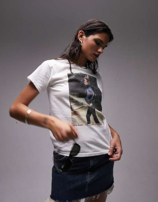 Topshop - T-shirt effet rétréci à imprimé photo David Bowie sous licence - Blanc
