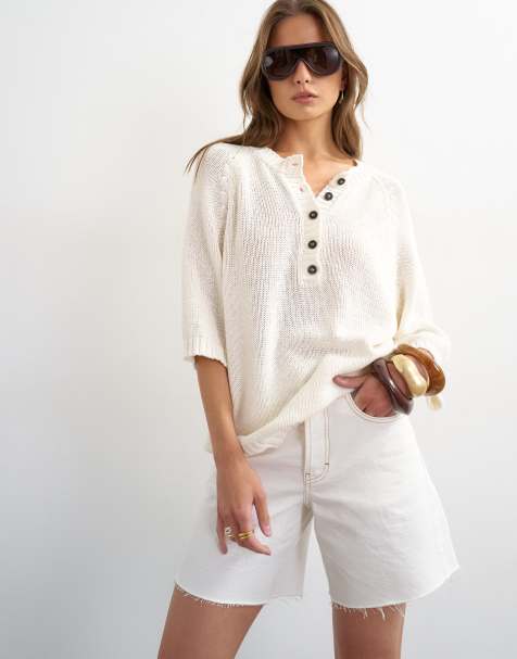 Topshop - T-shirt en maille avec col tunisien - Ivoire - view 1
