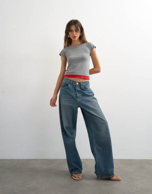Topshop - T-shirt en maille double épaisseur - Gris et rouge, 2 de 4