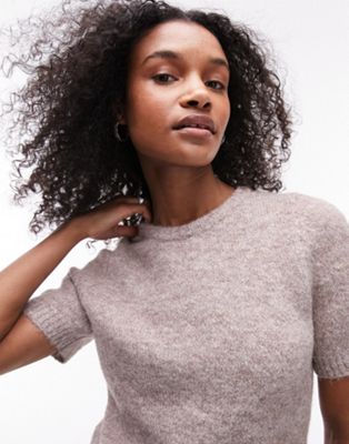 Topshop knitted fluffy t-shirt in stone - ASOS Price Checker