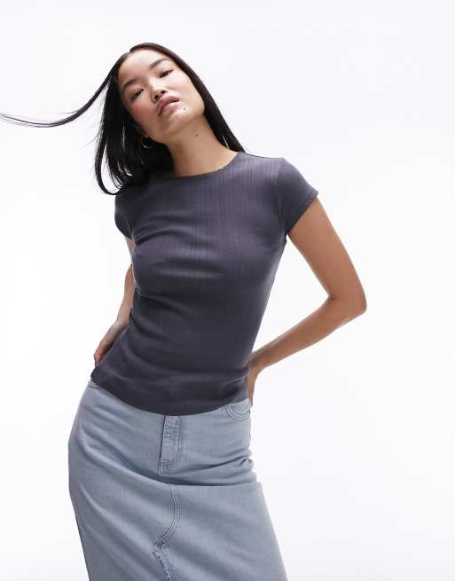 Topshop - T-shirt en maille pointelle et dentelle - Ardoise