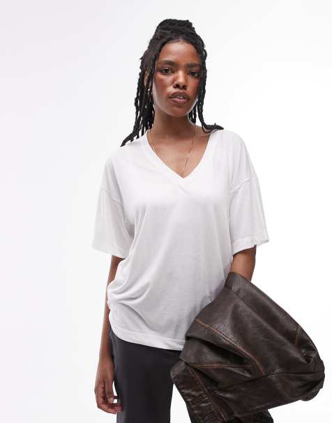 Topshop - T-shirt extra larga bianca con scollo a V - view 1