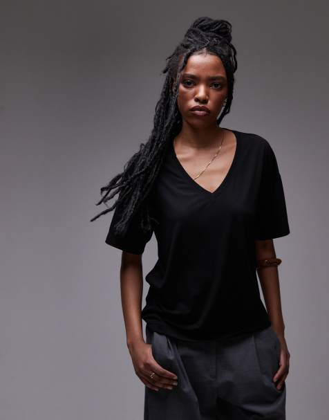 Topshop - T-shirt extra larga nera con scollo a V - view 1