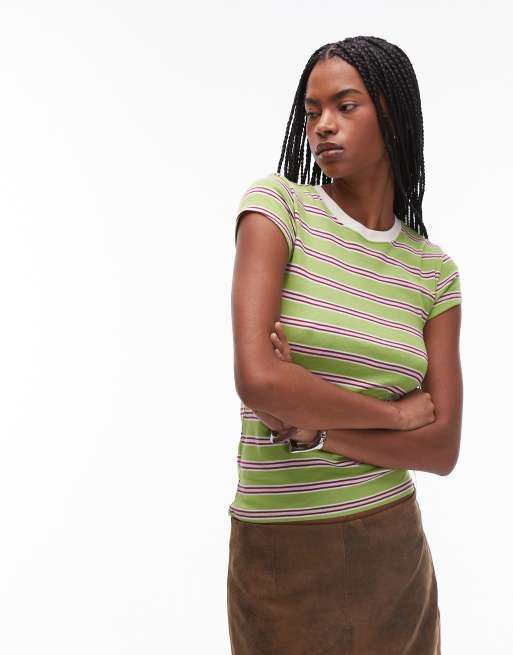 Topshop – T-Shirt für den Alltag in Grün gestreift 