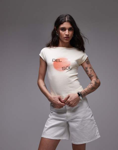 Topshop - T-shirt gialla con scollo a barchetta, maniche ad aletta e stampa “Del Sol” - view 1